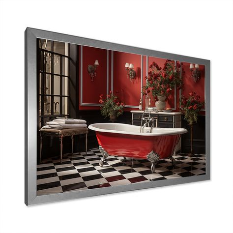 Red Modern Bathroom Charm IV On Canvas Print Laundry Wall Art, Red Art Print, Silver Picture Frames, White Picture Frames, Black Picture Frames, Gold Picture Frames, Wooden Planks, Wood Planks, Intricate Designs