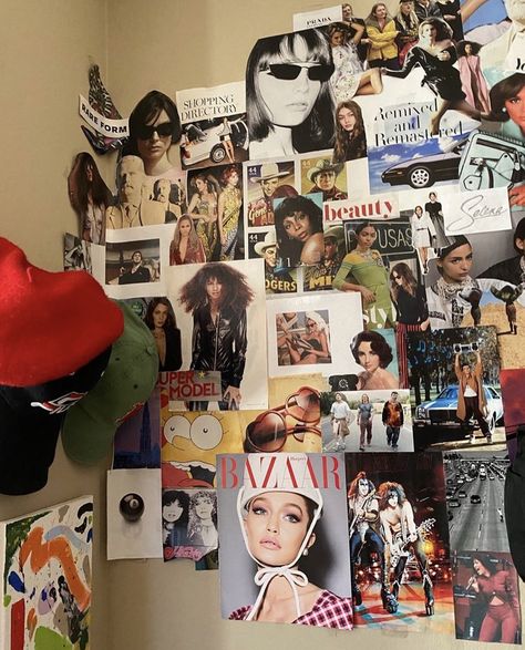 Room decor, wall decor, collage, wall collage, magazine collage, magazine, inspo Magazine Wall Art Collage, Wall Collage Above Desk, Magazine Wall Collage Bedrooms, Magazine Collage Wall, Magazine Wall Collage, 90s Wall Collage, Bedroom Photo Collage, Bedroom Collage Wall, Magazine Cutout Collage