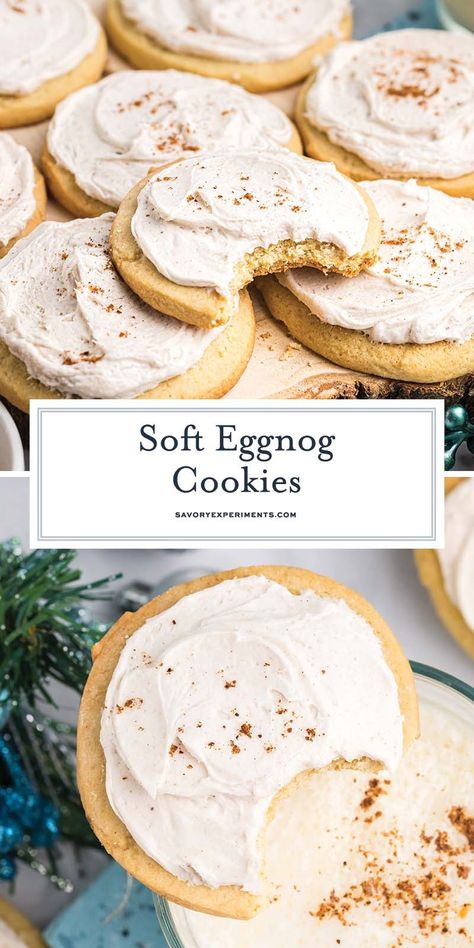 Eggnog Cookies are soft, chewy and and full of holidays flavors. They have eggnog mixed into the cookies and frosting!  #christmascookies #holidaycookies #eggnogcookies www.savoryexperiments.com Eggnog Gingerbread Cookies, Eggnog Cookies Easy, Egg Nog Baking Recipes, Eggnog Sugar Cookies, Eggnog Recipes Desserts, Eggnog Cookies Recipe, Eggnog Recipes Baking, Egg Nog Desserts Recipes, Egg Nog Cookies