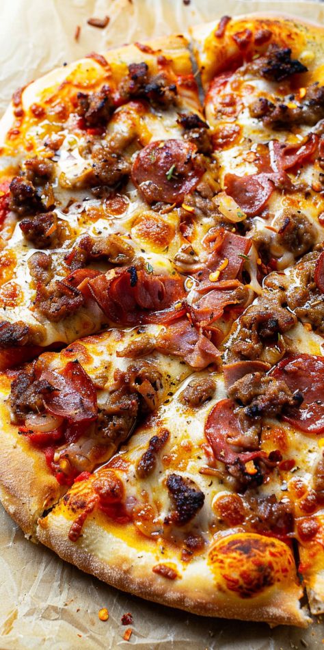 Meat Lover’s Pizza [35 Minutes] – Chasety Meat Lover Pizza, Different Pizza Ideas, Meat Feast Pizza, Pics Of Food, Dinner Meat, Salty Food, Yummy Pizza, Meat Pizza, Meat Lovers Pizza