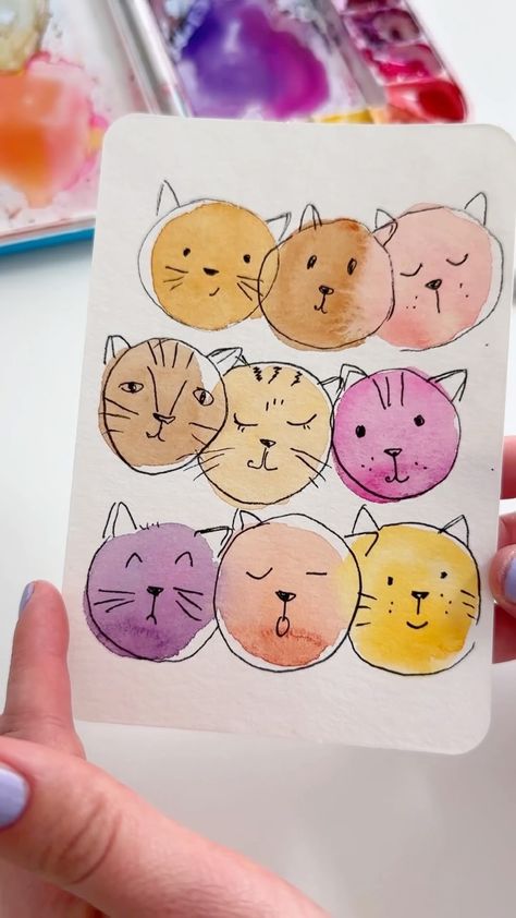 Anna Koliadych | The cutest watercolor cats! 🐱 🎨🎨🎨Fun and easy way to practice, it’s a lovely idea for greeting cards. 😌🥰😉 #watercolor… | Instagram Gouache Card, Crafternoon Ideas, Watercolor Doodles, Learn Watercolor Painting, Watercolor Birthday Cards, Watercolor Beginner, Learn Watercolor, Watercolor Paintings For Beginners, Kids Watercolor