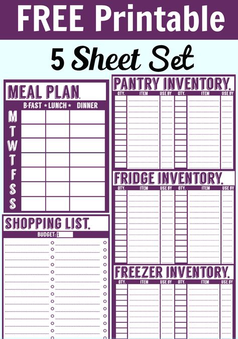 Free 5 Sheet Printable Set. Includes a menu planner, shopping list, pantry inventory sheet, freezer inventory sheet, and fridge inventory sheet. Pantry Inventory Sheet, Fridge Inventory, Free Printable Menu, Menu Planner Printable, Pantry Inventory, Film Logo, Menu Planner, Meal Planning Printable, Menu Planners