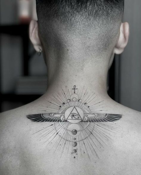 Egyptian Inspiring Tattoo Ideas Man Back Neck Tattoo Men, 3rd Eye Tattoo, Back Of Neck Tattoo Men, Back Neck Tattoo, Back Tattoos For Guys Upper, Neck Tattoo Men, Small Back Tattoos, Upper Back Tattoos, Back Of Neck Tattoo