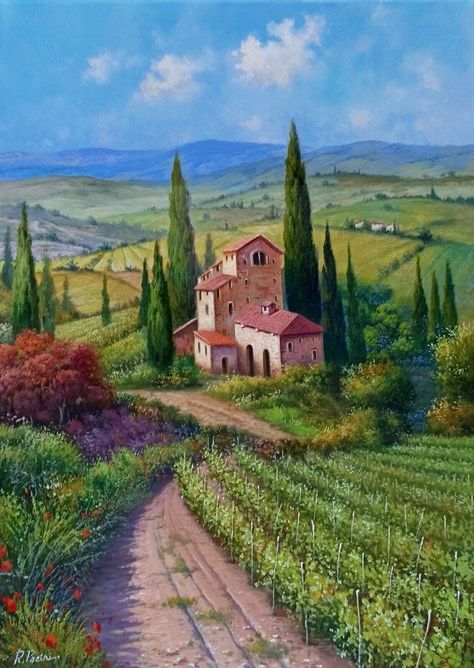 Italian Countryside Painting, Tuscany Landscape Painting, Tuscan Painting, Tuscan Art, Children Painting, Tuscany Landscape, Mediterranean Art, Tuscan Landscaping, Valley Landscape