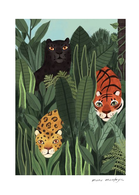 Manu Montoya, Jungle Painting, Wal Art, Jungle Illustration, Jungle Art, 강아지 그림, Tiger Art, In The Jungle, Arte Inspo