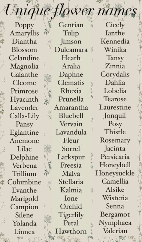 Unique flower names for baby girl or boys. Female Character Names List, Flower Related Names, Uncommon Names Unique, Fantasy Flower Names, Unique Pretty Names, Masculine Character Names, Forest Related Names, Names Book Characters, Strong Male Character Names