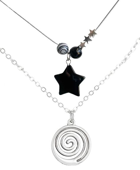 PRICES MAY VARY. Unique Design: The star means hope of life, the spiral represents peace, tranquility and new beginnings, these star pendant necklace and spiral necklace are meaningful jewelry for women. Material:Star necklace: stainless steel chain, alloy and stone star. Swirl necklace: alloy. sturdy and durable, can be used for a long time. Beach Punk Necklace Set: Package includes 1x dot star necklace (50 + 5cm/ 19.68 + 1.97inch) and 1x swirl necklace (50cm/ 19.68inch). Wearing occassion : Th Y2k Necklace Png, Grunge Style Jewelry, Yk2 Necklace, Acubi Necklaces, Spiral Outfit, Aesthetic Necklace Simple, Downtown Jewelry, Cool Necklaces For Men, Victorious Outfits