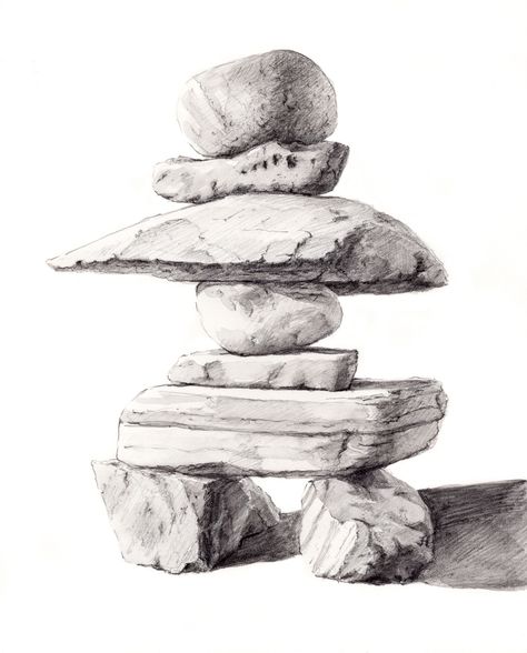 Inukshuk Drawing Stone Sketch, Inukshuk Tattoo, Inukshuk Art For Kids, Drawing Rocks Pencil, Inukshuk Watercolor, Rocks Texture Drawing, Stone Tattoo, Drawing Rocks, See Tattoo