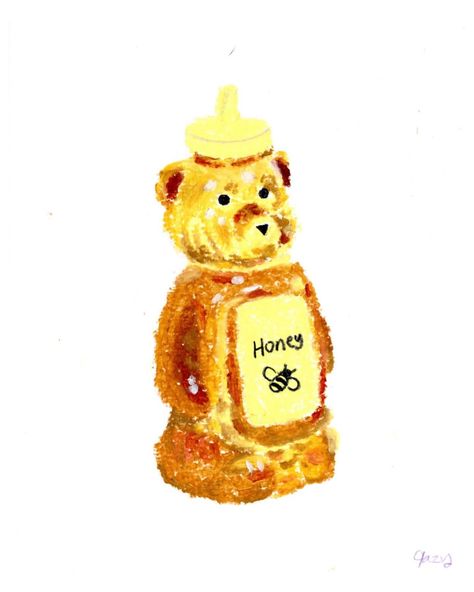 Daily drawing: Honey. This was a fun little challenge 🍯🐝 #oilpastel #honey #dailydrawing #illustration #foodart Honey Drawing Cute, Honey Bottle Drawing, Honey Bear Illustration, Honey Dipper Tattoo, Honey Graphic Design, Xmas Watercolor Cards, Honey Pot Drawing, Honey Cartoon, Honey Drawing