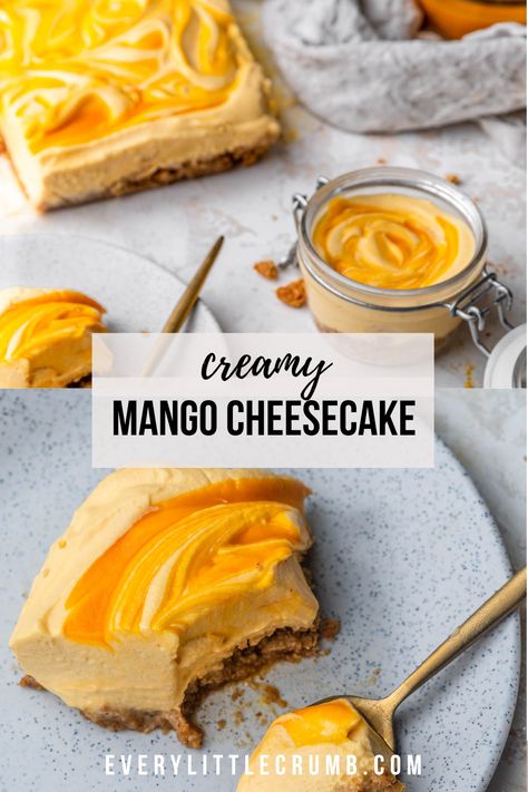 This no bake mango cheesecake is such a dreamy dessert. Simple crust, thick and creamy mango puree swirled filling, easy and delicious! No gelatin required #nobake #cheesecake #mangojars #mangocheesecake