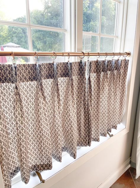 This Fresh Black Block Print on Brown Back Ground. Perfect Neutral Pallet Pleated Cafe Curtain Summer. - Etsy Pleated Kitchen Curtains, Block Print Curtains, Cafe Blinds, Neutral Pallet, Sent Pins, Cafe Curtains Kitchen, French Pleat, Cafe Curtain, Block Print Fabric