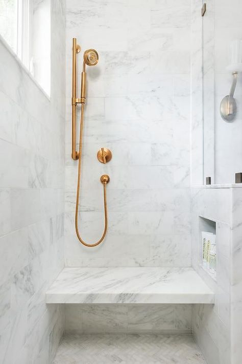 Niche over marble shower bench Shower Tile Easy To Clean, Modern Farmhouse Master Bath, Farmhouse Master Bath, Master Bath Renovation, Marble Showers, Dream Farmhouse, Suite Bathroom, Bath Renovation, Steam Showers Bathroom