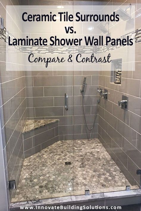 In this article we’ll compare the advantages of laminate wall panels vs. a tile shower and vice versa. You don’t want to miss out on this! | Innovate Building Solutions | Laminate Wall Panels | How to clean tile | Cleaning Grout Lines | Alternatives to Tile | #TileShower #GroutLines #CleaningTile #LaminateWallPanels Bilik Air Kecil, Laminate Wall Panels, Tub To Shower Conversion, Shower Conversion, Shower Wall Tile, Bilik Mandi, Bathroom Shower Walls, Bathroom Wall Panels, Shower Wall Panels