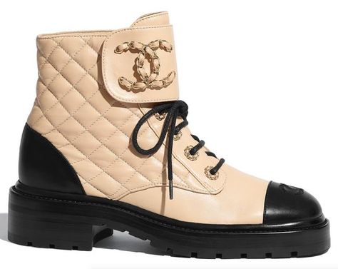 Chanel Black 20a Beige Quilted Cc Chain Combat Lace Up Tie Ankle Boots/Booties Size EU 37 (Approx. US 7) Regular (M, B) - Tradesy Style Combat Boots, Quilted Shoes, Combat Boots Style, Chanel Boots, Brown Knee High Boots, Chanel Brand, Lace Up Combat Boots, Chanel Black, Chanel Shoes