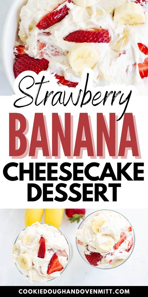 Savor the refreshing blend of strawberry and banana in this light, creamy Strawberry Banana Cheesecake Salad, the perfect treat for hot summer days. This delightful salad, boasting a hint of cheesecake flavor, is great for picnics, potlucks or just as a fun dessert for the grandkids. Serve it in elegant parfait glasses to add a dash of sophistication to any occasion. Banana Cheesecake Parfait, Hot Day Dessert Ideas, Strawberry Banana Cheesecake Dessert, Cool Whip Desserts With Fruit, Strawberry Banana Cheesecake Pudding Recipes, Strawberry Banana Cheesecake Pudding, Banana Strawberry Cheesecake, Strawberry And Banana Dessert, Strawberry Cheesecake Banana Pudding