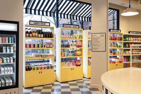 Pop Up Grocer is opening its first permanent grocery store in Manhattan Pop Up Grocer, Retro Flooring, Fly By Jing, Healthy Restaurant, Supermarket Design, Dining Inspiration, Retail Merchandising, Retro Interior, Greenwich Village