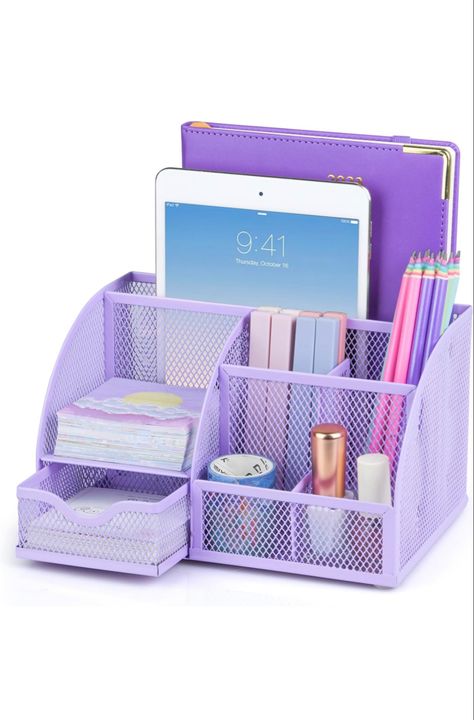 If you have a small desk and have way too much stuff on it, this cute organizer is the perfect solution, it's cute but it can hold everything without taking up too much space. Hold a lot more than you think it will. #organizer #office #supplies #stationery #purple #pink #gifts #home Pen Caddy, Kitchen Purple, Pencil Stand, Purple Desk, Stationary Organization, Cute Stationary School Supplies, Wooden Desk Organizer, Cute School Stationary, Pen Stand