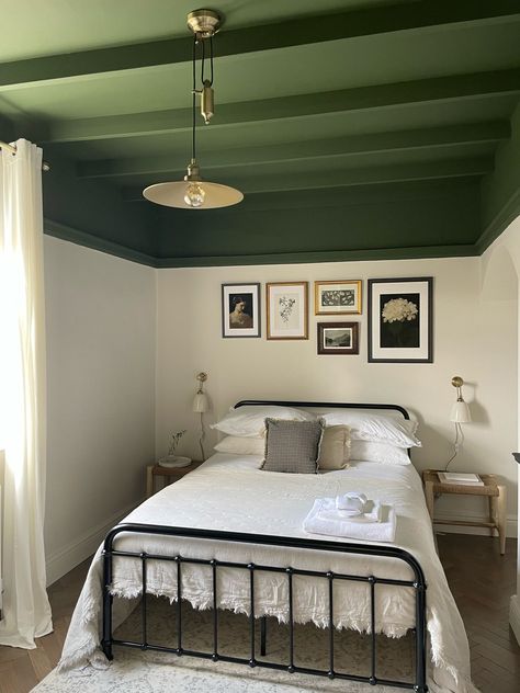 Transforming a Spare Room: DIY Renovation with Mid-Century Charm — Wild in the Wolds Split Wall Color Ideas, Vintage Glam Dining Room, Green Ceiling Paint, Glam Dining Room Decor, Colour Drenching, Glam Dining Room, Green Bedroom Design, Glam Dining, Antique Mirrors