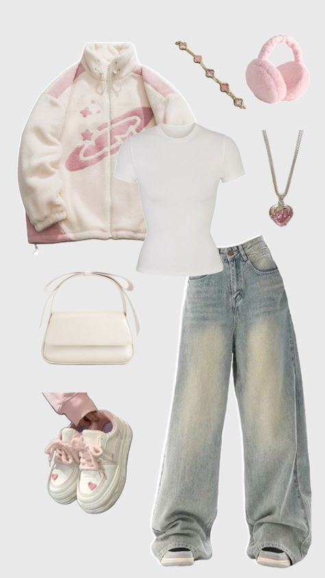 Pastel Jacket Outfit, Cloudy Outfit, Y2k Streetwear Outfits, Winter Outfits Pink, Korean Winter Outfits, Cute Winter Outfit, Preppy Fall Outfits, Korean Winter, Simple Style Outfits