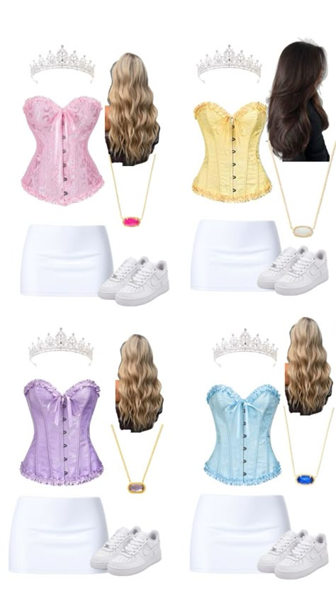 Princesses 🩷Aurora 💛belle 💙Cinderella 💜rapunzel Shein Outfits Fall, Fall Outfits Office, Aesthetic Uniform, Rapunzel Halloween Costume, Cozy Fall Outfits Aesthetic, Dorothy Halloween Costume, Trendy Shein Outfits, Easy Halloween Outfit, Fall Teacher Outfits