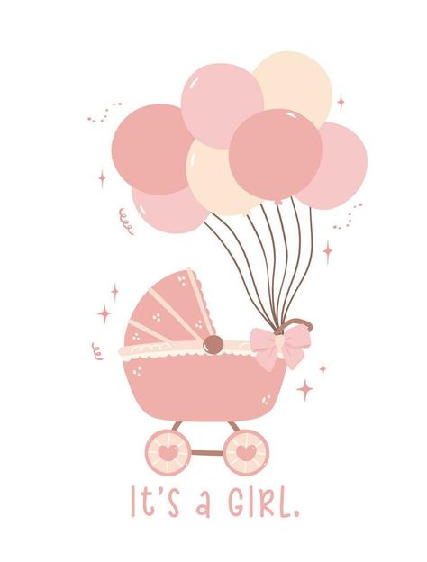 Cute Baby Girl Shower Invitation Card with Pink Pram and Balloons. Celebrate the joy of a new arrival with this adorable hand-drawn baby girl shower invitation card. Baby Girl Arrival, Celebration Pictures, Baby Girl Card, Design Cafe, Mini Note, Its A Girl Balloons, Its A Girl