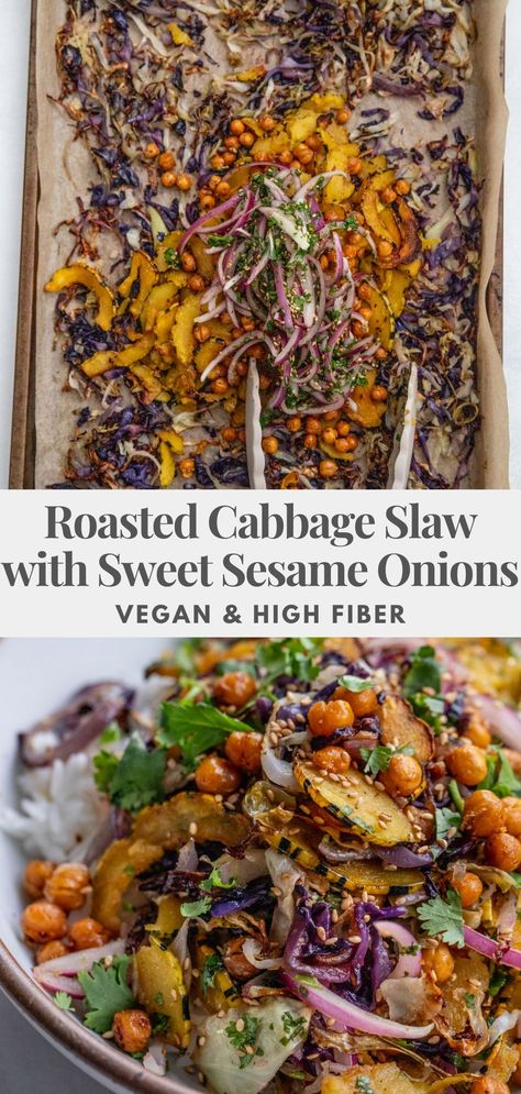 This Roasted Cabbage Slaw with Sweet Sesame Onions is packed with fiber-rich veggies and flavored using marinated onions. An easy meal that you bake then toss together in the same pan to minimize on dishes. What Can I Make With Cabbage, Saute Cabbage Recipes, Cabbage And Onions Sauteed, Easy Roasted Cabbage Salad, Cabbage With Apples And Onions, Roasted Cabbage Salad Eating Well, Purple Cabbage Apple Slaw, Planting Onions, Roasted Cabbage