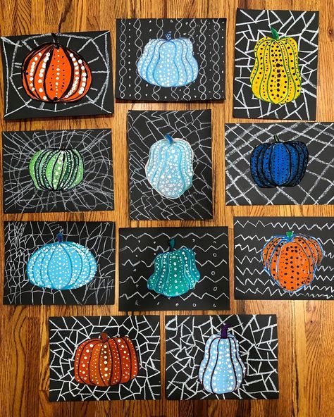 Autumn Craft Activities, October Elementary Art Projects, Contrasts In Art, Yayoi Kusama Elementary Art, Pumpkin Art First Grade, Yayoi Kusama Inspired Art, Halloween Art Ks2, October Art Lessons Elementary, Halloween Class Craft