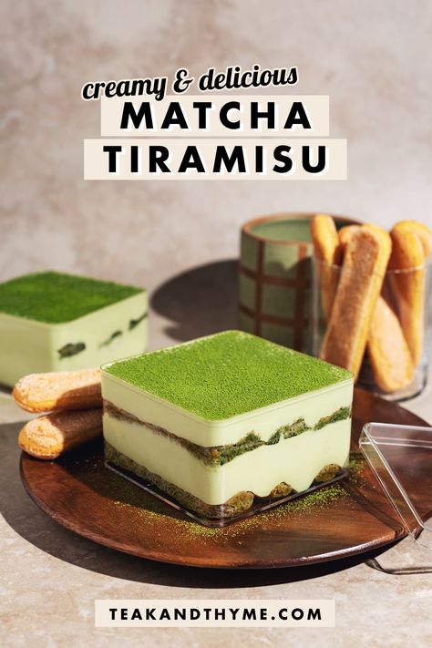 This is the BEST matcha tiramisu you'll make yet! This twist on a classic tiramisu is so delicious with its creamy matcha mascarpone cream and soft ladyfingers soaked in matcha. #matcha #tiramisu | teakandthyme.com Matcha Tirimasu, Macha Tiramisu, Tiramisu Flavors, November Treats, Authentic Italian Tiramisu Recipe, Tiramisu Recipes, Best Tiramisu Recipe, Creamy Matcha, Matcha Tiramisu