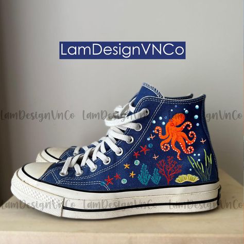 Ocean-Inspired Hand Embroidered Converse, Octopus & Coral Reef Design for Beach Lovers Embrodiery Sneakers, Sea Creatures, Star Fish Custom ❤️ About Our Products Welcome to LamDesignVnCo, your new destination for hand-embroidered shoes on Etsy! Each pair is brand new and crafted to order, ensuring you receive a unique item tailored just for you. Please verify your shoe size before completing your purchase, as our durable embroidery is designed to last without fading. ✨ How to order: 1. Choose yo Sneakers Painting, Coral Reef Design, Converse Embroidery, Embroidered Converse, Embroidered Shoes, Star Fish, Ocean Inspired, Shoe Art, Tie Shoes