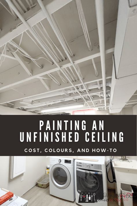 Basement Ceiling Before And After, White Unfinished Basement Ceiling, Unfinished Basement White Ceiling, Painting Unfinished Basement Ceiling, Painting A Basement Ceiling, Painted Open Basement Ceiling, Painted Basement Ceiling Ideas, Exposed Basement Ceiling Painted White, White Ceiling Basement