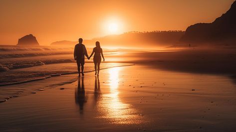 Premium AI Image | A couple walking on a beach at sunset Beach Walks Couple, Couple Sunset, Action Board, Couple Walking, Beach At Sunset, Sunset Images, Couples Walking, Vertical Images, Sunset Silhouette