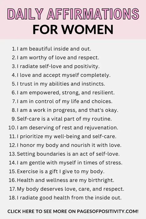 200 Daily Positive Affirmations for Women to Recite Daily Affirmations For Working Out, Everyday Affirmations For Women, List Of Daily Affirmations, Daily Affirmations For Women Every Day, Daily Affirmations For Teenage Girl, Postive Words, Confidence Quotes For Women, Daily Affirmations For Women, Affirmation For Women