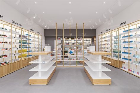 Super U Sustainable Pharmacy Interior Design Solution Pharmacy Interior Design, Store Counter Design, Pharmacy Interior, Supermarket Design Interior, Pharmacy Decor, Store Shelves Design, Pharmacy Store, Retail Store Interior Design, Grocery Store Design