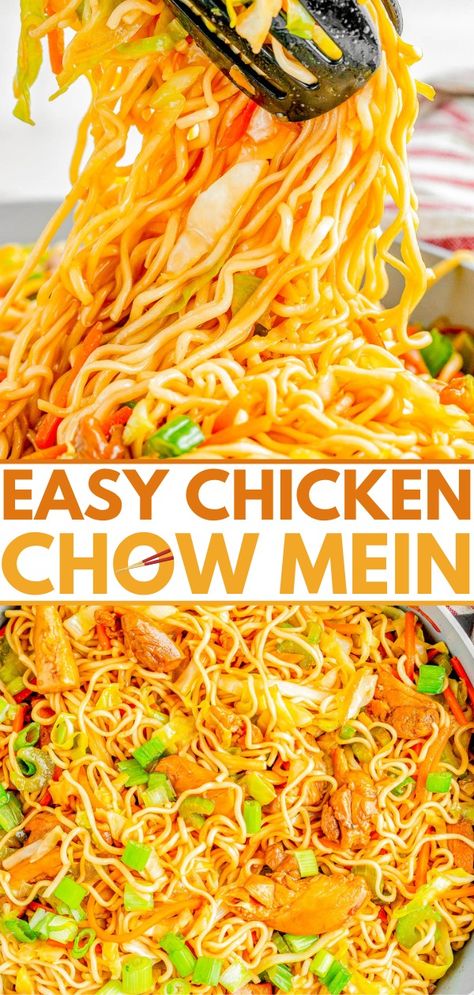 Chicken Chow Mein — Chewy chow mein noodles, crisp-tender veggies, and juicy chicken are stir-fried in a sesame-soy sauce! It’s a SIMPLE and FAST recipe that anyone can make. It's cheaper than ordering take out, your family will be impressed, and you'll love how EASY it is to prepare! Hunan Beef, Easy Chicken Chow Mein, Recipes Chinese, Chow Mein Recipe, Eggroll In A Bowl, Pork Noodles, Chicken Chow Mein, Chow Mein Noodles, Stir Fry Noodles