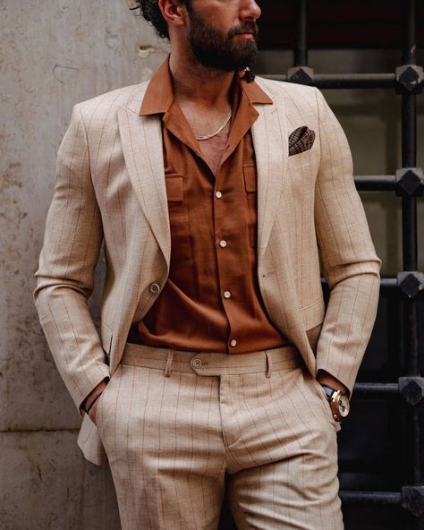 Step into sophistication with our Striped Beige Linen Suit. Visit Suitharbor.com to discover more! Regular Price 265USD FREE Shipping Worldwide 🔍Striped Beige Linen Suit #SuitharborStyle #LinenSuitElegance #StripedSuit #Suitharbor #mensfashionstyle #TailoredElegance Beige Linen Suit Men, Mens Suits Summer, Linen Suits For Men, Suit Details, Costume Beige, Summer Suits Men, Beige Suits, Exude Confidence, Guest Attire