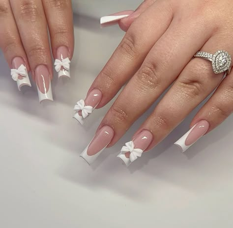 Bow Nail Designs, Medium Coffin, Milky Nails, Girly Acrylic, White Acrylic Nails, Colored Acrylic Nails, Simple Acrylic Nails, Girly Acrylic Nails, French Tip Acrylic Nails