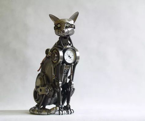 Steampunk Robots, Steampunk Robot, Steampunk Animals, Robot Cat, Mechanical Animals, Robot Animal, Steampunk Cat, Mechanical Clock, Arte Cyberpunk