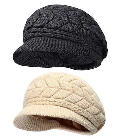 HindaWi Women Winter Hats Knit Crochet Fashions Snow Warm Cap With Visor Black and Beige Winter Caps, Snow Hat, Girls Winter Hats, Crochet Beret, Ski Cap, Hat Wool, Berets Cap, Cap Patterns, Crochet Cap