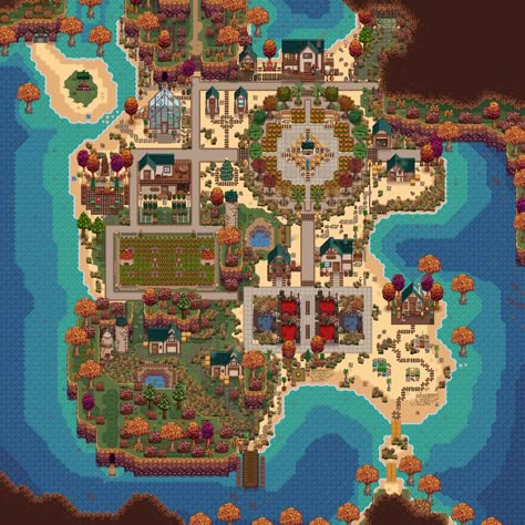 Beach Farm Layout, Stardew Valley Beach Farm, Stardew Farm Ideas, Stardew Layout, Stardew Valley Design, Stardew Valley Farm Layout, Stardew Farm, Stardew Farms, Beach Farm