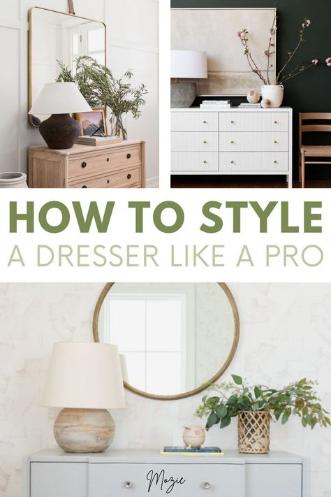 We're showing you exactly how to style a dresser six different ways! This is seriously the cutest dresser decor! Styling Dresser In Living Room, Wood Dresser Decor Bedroom, Decor On Dresser Top, Styling A Tall Dresser, Minimal Dresser Decor, How To Style A Tall Dresser, Shelves In Kitchen Decor, Dresser Decor Bedroom Ideas, Decor For Shelves Living Room