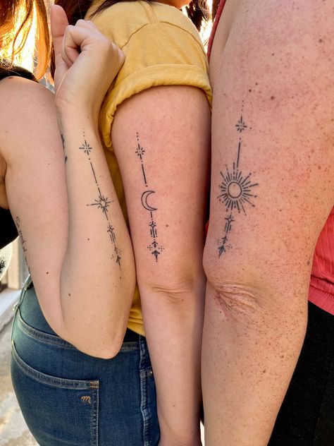 Sister tattoo. Fine line tattoo Sibling Tattoos 3 Siblings, 3 Sister Matching Tattoos, Matching Tattoos For Sisters Of 3, Tattoo Ideas Sisters For 3, Matching Trio Tattoos For Best Friends, Triple Moon And Sun Tattoo, Small Matching Tattoos For 3 People, Matching Tattoos For 4 Sisters, Sibling Tattoos For 3 Sun Moon Star