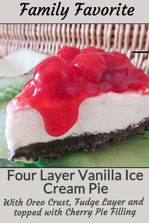 Homemade vanilla ice cream pie with Oreo crust. This four layer ice cream pie is topped with cherry pie filling for an ultimate ice cream pie. #HomemadeVanillaIceCream  #myturnforus #IceCreamPieWithOreoCrust #IceCreamPie #HomemadeVanillaIceCreamPie #FourLayerIceCreamPie Pie With Oreo Crust, Hot Fudge Topping, Ice Cream Pie Recipe, Homemade Chocolate Ice Cream, Ice Cream Pie, Canning Cherry Pie Filling, Oreo Cookie Crust, Frozen Watermelon, Homemade Vanilla Ice Cream