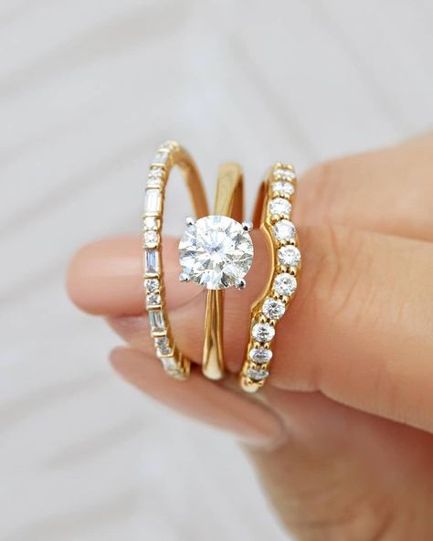 Stacked Wedding Rings With Solitaire, Eternity Ring Diamond Stack, Gold Wedding Stack, Wedding Ring Stack Ideas, Wedding Stack, Band Ideas, Michael Hill, Contour Wedding Band, Stacked Wedding Bands