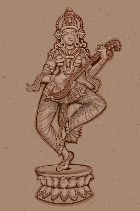 Vintage Statue of Indian Goddess Saraswati Sculpture. Vector design of Vintage statue of Indian Goddess Saraswati sculpture engraved on stone stock illustration Indian Sculpture Painting, Indian Sculpture Drawing, Indian Goddess Illustration, Goddess Saraswati Drawing, Indian Ancient Art, Statues Illustration, Saraswati Sculpture, Painting Of Goddess, Stone Illustration