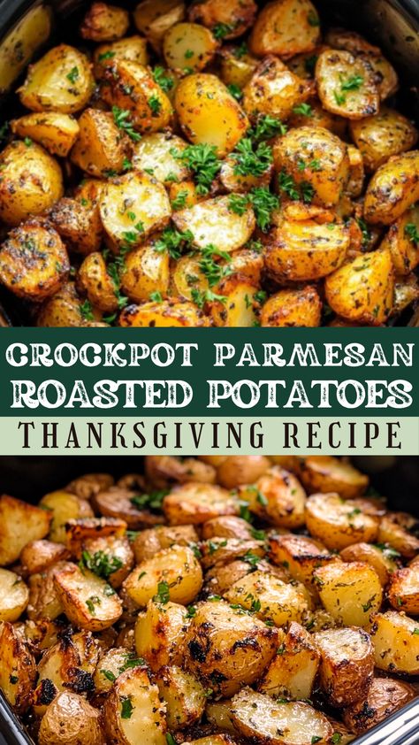 Thanksgiving Recipes: Crockpot Parmesan Roasted Potatoes (Thanksgiving Recipe) Instapot Thanksgiving Sides, Easy Crockpot Recipes Side Dish, Roasted Potatoes Side Dish, Potato Side Dishes Thanksgiving, Slow Cooker Parmesan Potatoes, Potatoes For A Crowd Crockpot, Christmas Dinner Crockpot Sides, Potato Side Dishes Christmas, Potato Side Dish Crockpot