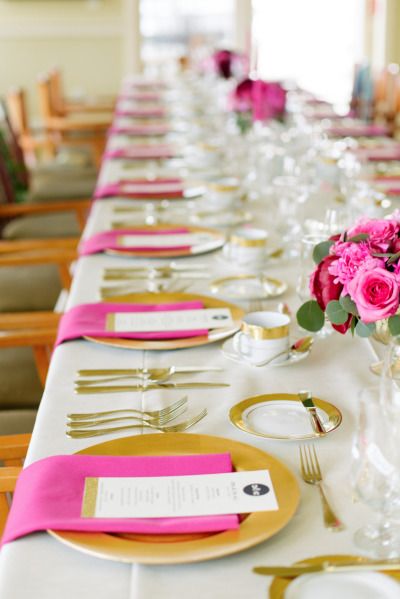 Gold and bright pink place settings make this wedding table pop: http://www.stylemepretty.com/2014/10/31/pink-and-gold-wedding-in-port-ludlow/ | Photography: Nikki Closser - http://www.nikkiclosser.com/ Peach Bridal Showers, Wedding Table Pink, Gold Place Setting, Pink Wedding Centerpieces, Gold Reception, Gold Inspiration, Hot Pink Weddings, Pink Wedding Theme, Pink And Gold Wedding