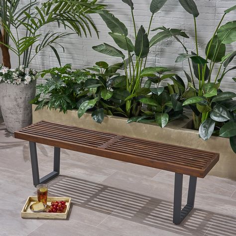 Joa Patio Dining Bench, Acacia Wood with Iron Legs, Modern, Contemporary, Dark Brown and Black - Walmart.com - Walmart.com Kursi Outdoor, Dining Bench Seat, Metal Outdoor Bench, Wood Dining Bench, Iron Bench, Rustic Bench, Picnic Bench, Patio Bench, Patio Style