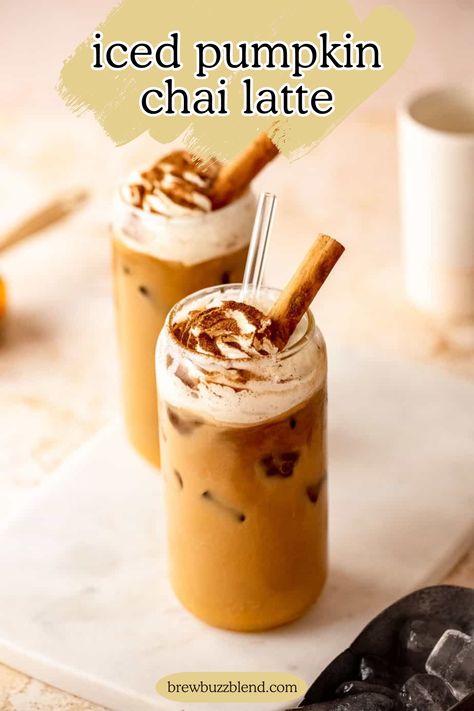 This easy recipe for an iced pumpkin chai latte will have you skipping the line at the coffee shop. It's the perfect combination of chai tea, pumpkin spice and cream - yum! Pumpkin Chai Latte Starbucks, Iced Chai Tea Latte Recipe, Chai Latte Starbucks, Pumpkin Chai Latte, Pumpkin Chai Tea, Chai Tea Latte Recipe, Starbucks Fall Drinks, Iced Chai Tea Latte, Fall Drink Recipes