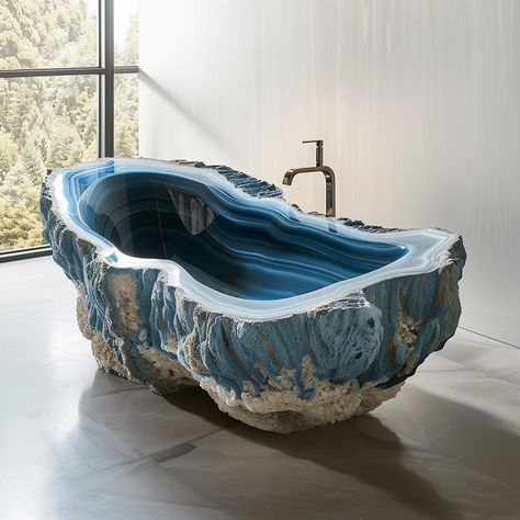 Indulge in luxury with the Geotub: a stunning bathtub crafted from a single geode, blending nature's beauty with modern comfort. Sink into relaxation as the softly glowing crystals and vibrant hues envelop you in tranquility. Conceptual AI Art Follow @ecosapiens for more! Geode Bathtub, Comfortable Bathtub, Natural Bathtub, Crystal Bathtub, Crystal Sink, Blue Bathtub, House Inspiration, Toothbrush Holder, Nature Beauty