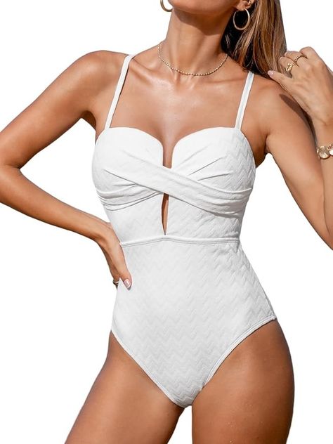 CUPSHE Women's One Piece Swimsuit Bathing Suit Wrapped Back Tie Swimwear Molded Cups, M White at Amazon Women’s Clothing store Adjustable Straps Swimwear, Cutout Swimwear, Wrap Swimwear, Strap Swimwear, Wrap Bathing Suit, Beachwear Brands, Swimsuit Wrap, Chic Swimsuit, Cupshe Swimsuits